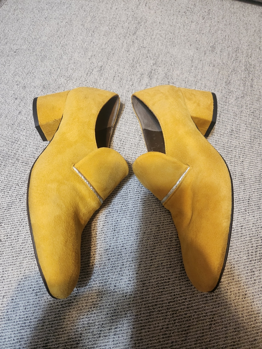 COCLICO Mustard Yellow Suede Block Heel Loafers